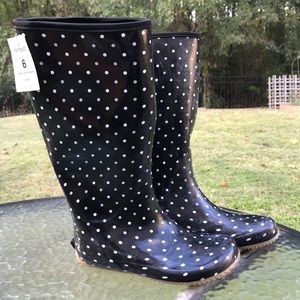NEW Rain Boots, Black with white Polka Dots